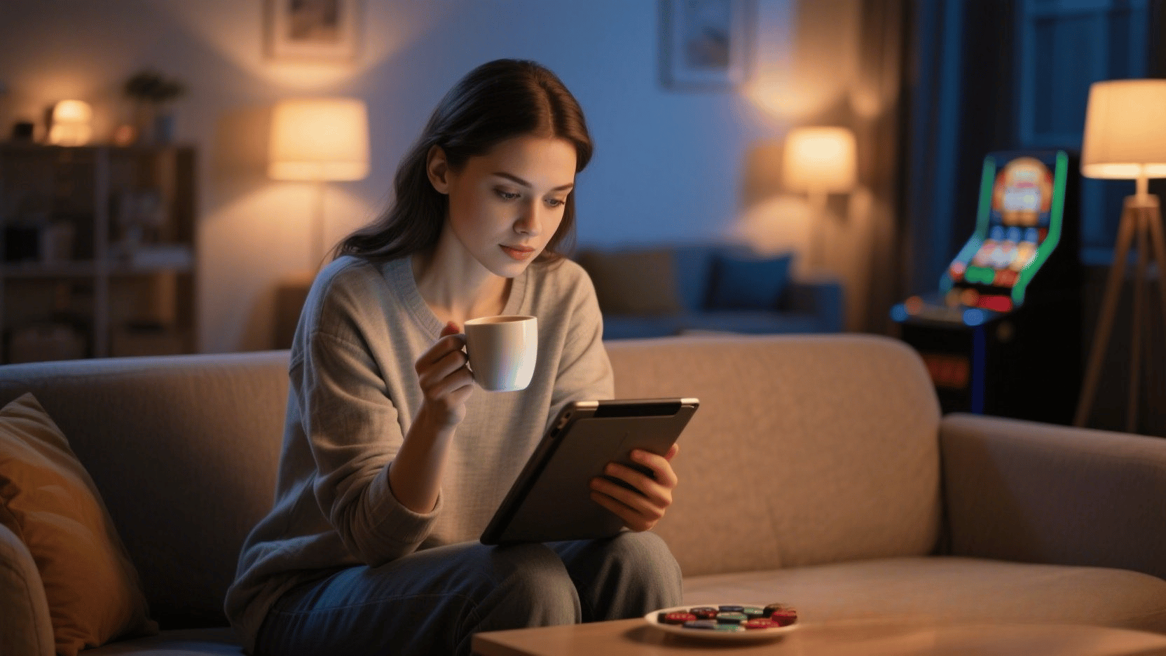 Pemain wanita fokus dan santai bermain slot online saat malam hari